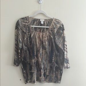 Chico's Abstract Artsy Tee Top Rhinestone 3/4‎ Sleeve Unique Office Printed 1 M